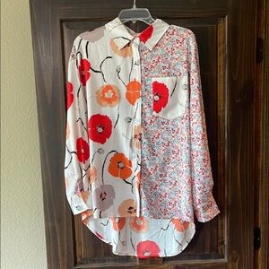 Floral Poppy and Mixed Print Button-Up Blouse Size Large